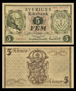 1948 Sweden 5 Kronor Banknote, King Gustaf V's 90th Brthday, Monogram, Arms - Picture 1 of 3