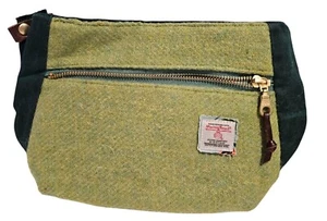 Harris Tweed Scotland Pure Wool Leather Zip Pouch Tasche Green Bauchtasche Crossbody - Bild 1 von 9