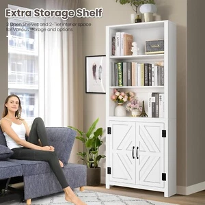 Tall Bookshelves, 5-Tier Farmhouse Bookshelf with Cabinet Doors, 71" Bookcase^^) - Picture 1 of 9