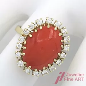Anello 14K Gg Con 1 Ovale Corallo E 18 Brillanti Ges. Circa 1,0ct 7,59g Gr.59 - Foto 1 di 6