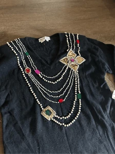 Vtg 90s Outlander Women’s Black Angora Rabbit Hair and Silk Blend Jewels Beads L - Picture 1 of 11