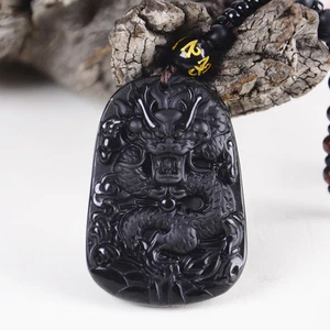 Natural Black Obsidian Hand Carved Dragon Lucky Blessing Beads Pendant Necklace - Bild 1 von 4