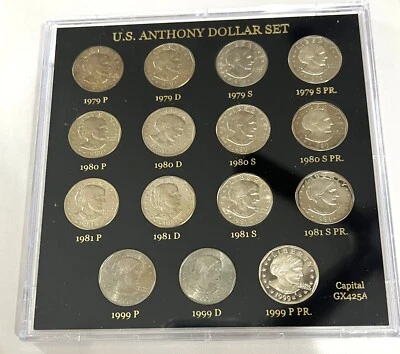 Susan B Anthony  Complete Set in Capital Plastic Holder. 15 Coins + 1999 PROOF - Image 1 of 4