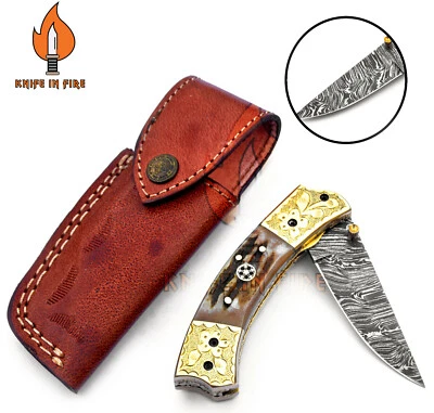 CUCHILLO PLEGABLE DE CAZA DE ACERO DAMASCO PERSONALIZADO Y HECHO A MANO BLOQUEO LINEAL CIERVO Y LATÓN Foto 1 de 4