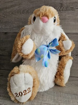 Brown Bunny Rabbit Easter 14" Plush Stuffed Animal Toy Gift Blue Bow - Image 1 of 4
