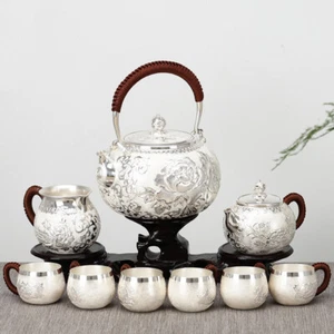 Juego de té de plata esterlina estufa hervidor tetera tazas de té hecho a mano juego de flores de riqueza - Imagen 1 de 18
