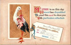 Postal Anuncio de Nacimiento Sr. Cigüeña Bebé Espalda Dividida Publicado 1916 - Imagen 1 de 2