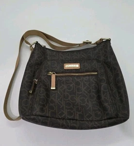 Calvin Klein Logo Purse Handbag Brown Gold Canvas Shoulder Strap - Picture 1 of 6
