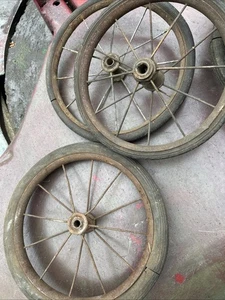 Vintage SET OF 3 Metal Double Spoke Black Rubber Wheels - Two 9” & One 10” - Picture 1 of 4