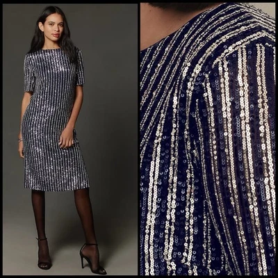 Vestido Anthropologie Plano Blanco Lentejuelas Rayas Vestido Midi Azul Oscuro Plateado PEQUEÑO Foto 1 de 4