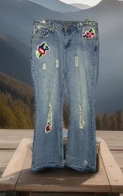 Jeans Younique Y2k Denim Envejecido Pierna Acampanada Flor Hippy Parches Festival 13 Foto 1 de 4