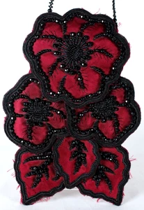 LULU GUINNESS Vintage Dark Wine Red Silk Beaded Floral Flat Mini Evening Bag - Picture 1 of 16