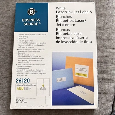 Business Source White Laser Labels 4-Part 3-1/2 x 5" 400/PK 26120 opened - Image 1 of 3