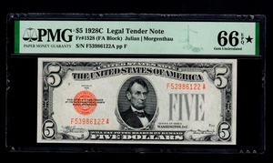 Very rare 1928-C $5 Legal Tender Note Fr#1528 PMG GEM UNC (66 EPQ BLACK STAR) - Picture 1 of 2