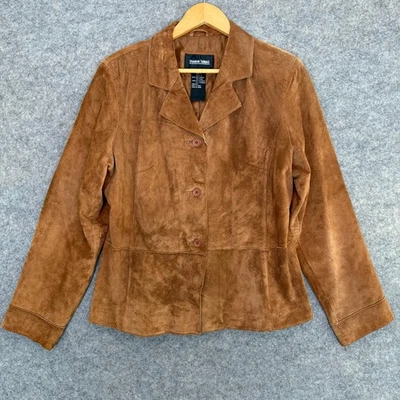 Chaqueta de cuero de gamuza Brandon Thomas para mujer grande con cuello abotonado forrada en marrón Foto 1 de 4