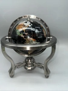World Globe Black Onyx Gemstone with Silver Tripod Table Top Compass Handmade - Picture 1 of 7