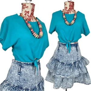 Vtg 80s Teal Blue Turquoise CROP TOP Ocean Beach Surf Western Southwest T-Shirt - Picture 1 of 17