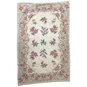 Vintage Needlepoint Handmade Wool Rug Pastel Floral Scroll Tapestry 72" by 46" - Picture 1 of 10