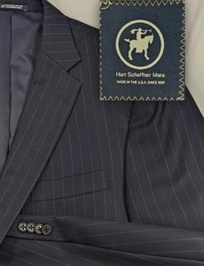 Hart Schaffner Marx Suit Jacket Blazer Dark Navy Subtle Gray Pinstripe 46L 48" - Picture 1 of 13