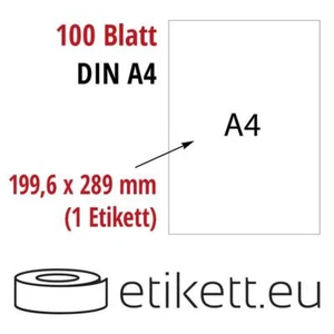 Klebeetiketten DIN A4 Blatt weiß 289 mm x 199,6 mm (Laser,Inkjet,Kopierer) 100 B - Bild 1 von 1