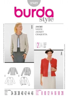 Burda Ladies Easy Sewing Pattern 8949 Fitted Collarless Short Jackets (Burda-... - Image 1 of 4