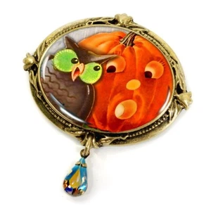 Sweet Romance Pumpkin & Owl Halloween Vintage-Style Pin Made in California - Picture 1 of 2