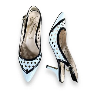 J Renee Pointed Toe Sling Back Shoes Sz 6.5 White Black Cut Out Polka Dot Twee - Picture 1 of 13