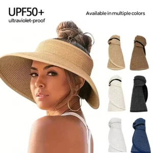 Straw Hat Women Foldable Visor Hats Wide Brim Straw Ponytail Summer Beach Hat - Picture 1 of 19