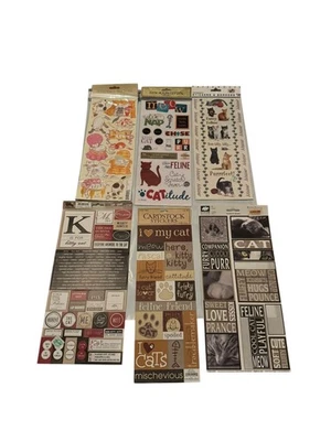 Lot 6 Cat Scrapbook Sticker Sheets Mixed Brands Cardstock Embossed Feline Craft - Image 1 of 4