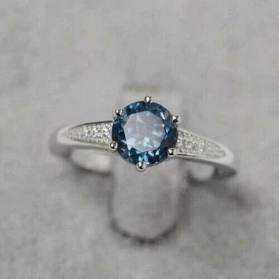 2Ct Simulated Round Cut London Blue Topaz Engagement Ring 14K White Gold Plated - Image 1 of 4