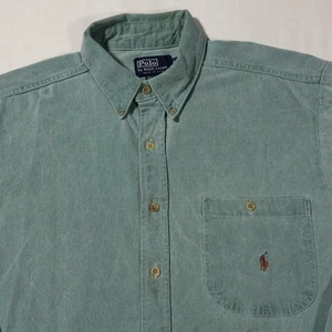 XL Distressed 80s Polo Ralph Lauren Green Denim Jean Shirt Vintage USA - Picture 1 of 12