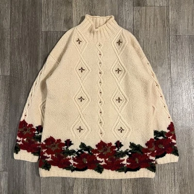 Suéter Chunky de Lã 100% Pura Vintage LL BEAN Floral Flower para Mulheres Médio - Imagem 1 de 4