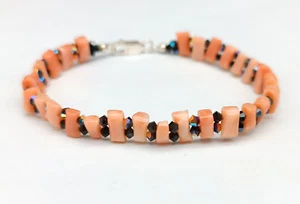 bracciale donna corallo rosa naturale argento bianco 925 swarovski nero - Foto 1 di 9