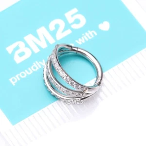 Brilliant Sparkle Gem Lined Triple Hoop Steel Seamless Clicker Hoop Ring - Picture 1 of 21