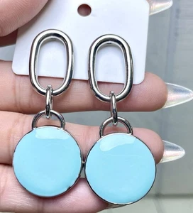 Damen Modeschmuck Silber Glieder Ohrringe Aqua Blau Emaille Scheibe Hänger Stil - Bild 1 von 4