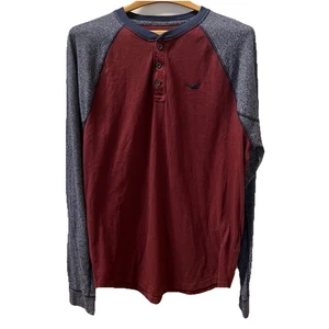 Hollister Raglan Henley Shirt Men XL Y2K Style Burgundy Blue Preppy Long Sleeve - Picture 1 of 6
