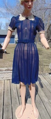 Винтажный 40-х темно-синий Puff рукав чистый органза платье датированная коробка 1940 SM - Изображение 1 из 4