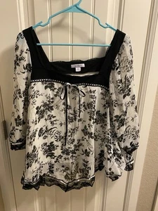Dressbarn L Top Black White Lace Ribbon Trim Blouse Large Shirt Lg Floral Lined - Foto 1 di 8