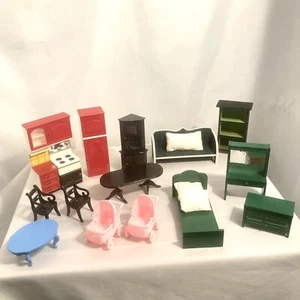 Vintage Doll House Furniture Lot Wood Plastic Fabric 18 Pieces Dining Kitchen - Picture 1 of 24