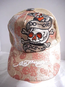 Don Ed Hardy Designs Beige Mesh Trucker Snapback Hat Cap Do Or Die Skeleton Face - Picture 1 of 12