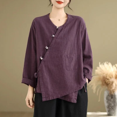 Women Casual Cardigan Tops Shirts Blouse T-shirts Retro Irregular Asymmetric Top - Image 1 of 4