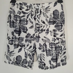 Mens Shorts Medium Waist 34-36 Cargo White Grey Floral Plaid Drawstring Swim - Picture 1 of 11