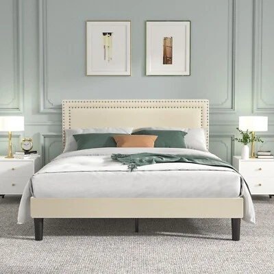 Upholstered Twin/Full/Queen Size Bed Frame Platform with Headboard Wooden Slat - Image 1 of 4