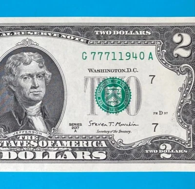 LUCKY January 1940 (G 777 1 1940 A) $2 Two Dollar Bill Serial Number 2017A *UNC* - Image 1 of 4