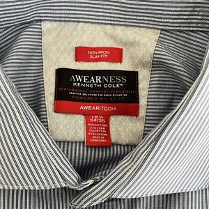 Kenneth Cole Awareness Hemd 18 1/2 35/36 blau gestreift Knopf Langarm Slim - Bild 1 von 8