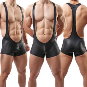 Hot Men Faux Leather Underwear Fetish Gay Underwear Wrestling Nightwear Bodysuit - Picture 1 of 9