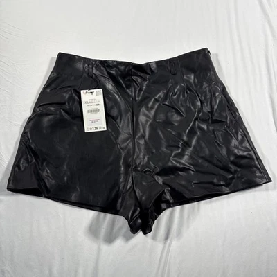 Zara 人造皮革短裤 侧拉链 黑色 Womwn's 2XL 全新带标签 — 第 1/4 张图片