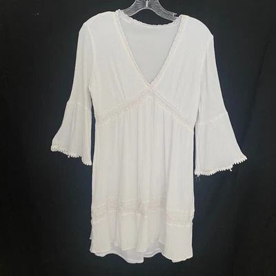 White Lace Trim Bell Sleeve V Neck Mini Dress Vacation Beach Cover Up Boho S - Image 1 of 4