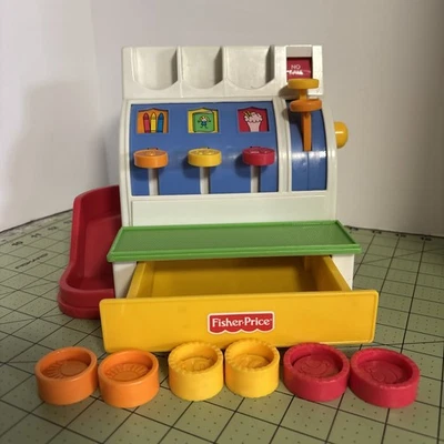 Caja registradora Fisher Price 1994 de colección - con 6 monedas campana probada funciona LEER Foto 1 de 4