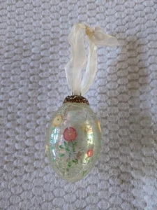 Vintage Russ Berrie Hand Painted Crackle Glass Easter Egg Ornament Pink Yellow - Picture 1 of 5